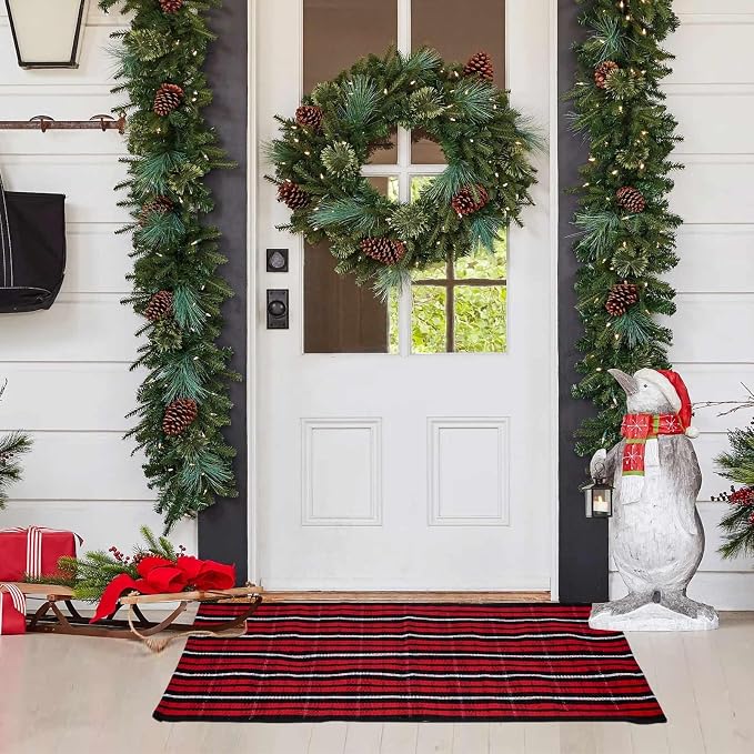 Christmas Buffalo Plaid Rug 27.5x43 in, Red Black Indoor Outdoor Rug | Cotton Blend, Hand-Woven Look, Machine Washable, Layering Rug, Porch Entryway Decor