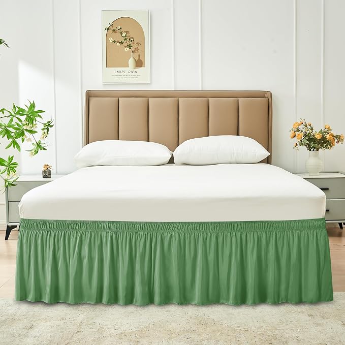 Wrap Around Queen Size Bed Skirt 17 Inch Drop-Elastic Dust Ruffle Sage | Adjustable Pleated Bedskirt-Easy Fit Wrinkle Resistant Washable Hotel Quality Fabric Bed Skirting-Master Guest Bedroom Rental