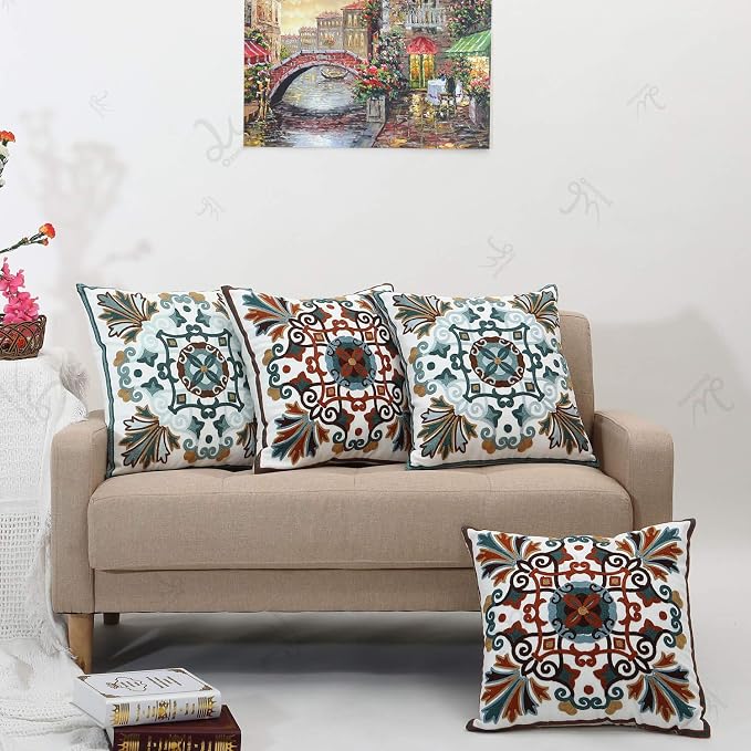 Onelsong Decorative Throw Pillow Covers for Couch Living Room 18x18 inches Set of 2 Embroidery Square Boho Throw Pillows Cover for Sofa Chair Bed