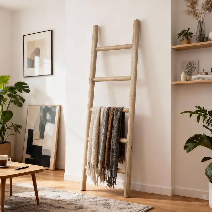 Wooden Blanket Ladder - 57in Natural Wood Color- Leaning Wall Decor for Bedroom, Bathroom, Living Room - Rustic Quilt Holder (Natural Wood Color, 57in | Knock Down)