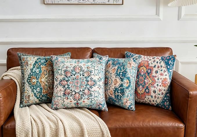 Throw Pillow Covers 20x20 Inch Set of 4 Washable BOHO Vintage Style Decorative Throw Pillow Cases Soft Velvet Square Farmhouse Decor Retro Cushion Covers for Couch Sofa Bed Living Room Outdoor