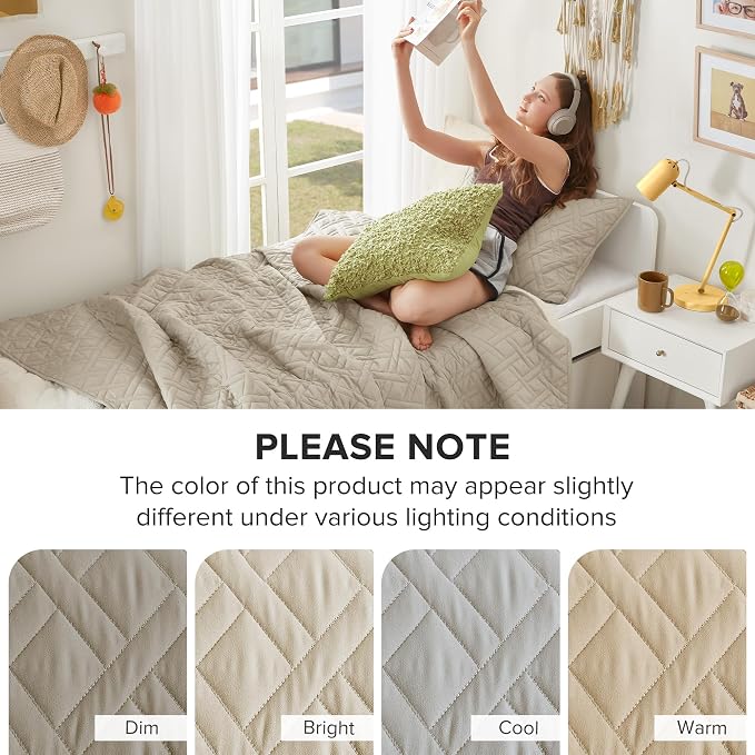 Comfort Spaces Kienna Twin Quilt Bedding Set 2P, 66"x 90" Beige Diamond | Soft Cozy Lightweight Summer Twin XL Coverlet for College Dorm, Quilted Extra Layer, Modern Casual Bedroom Decor, OEKO-TEX