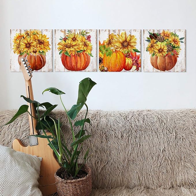 Fall Wall Art Rustic Pumpkin Pictures for Kitchen Farmhouse Sunflower Wall Decor Living Room Autumn Harvest Painting Canvas Prints Artwork Halloween Dining Room Thanksgiving Home Decorations 12x12" 4P