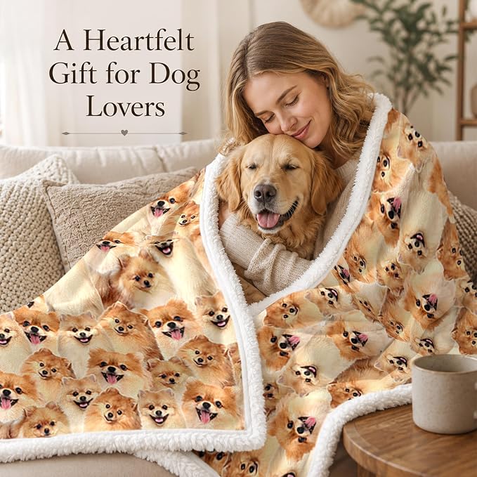 BlessLiving Throw Blanket, Dog Animal Gift, 50x60 in | sherpa fleece fabric, Pomeranian Golden Dense Pet Blankets Puppy print, for couch or sofa, pet lovers, easy machine care