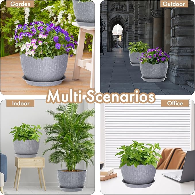 WSMKSZ 12 Inch Wide Water Ripples Flower Pots for Indoor or Outdoor Plants, Large Plant Pots with Drainage Holes & Saucer, Plastic Planters Set for Garden & Home Decor (Grey with White Speckles)