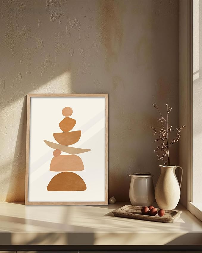 KensTro 12x16 Oak Framed Beige Boho Christian Abstract Wall Art | Natural Oak Wood Frame with Earth-Tone Stacked Shapes, Minimalist Faith-Inspired Decor for Living Room, Bedroom or Office