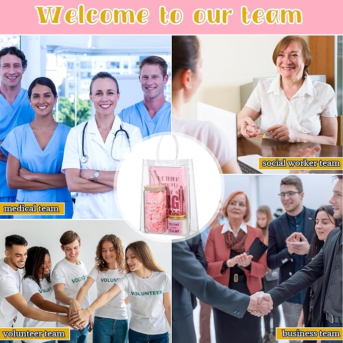 Thenshop 6 Pcs Welcome to the Team Gifts Bulk for New Employee Inspirational Glass Tumbler Notebook Pens Scented Candle with PVC Bag Employee Appreciation Gift Set for New Coworker Office (Pink)
