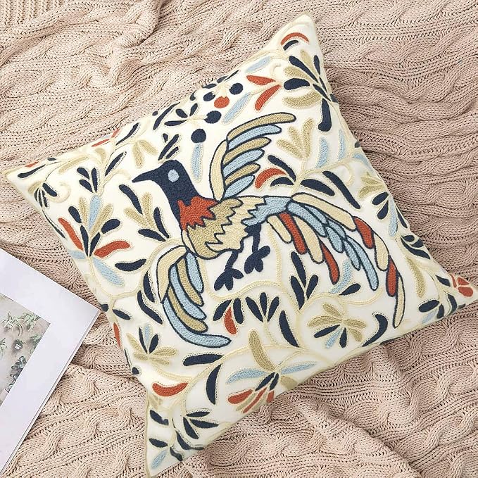 Alysheer Embroidered Decorative Throw Pillow Cover 18x18 inch, Lucky Bird Boho Embroidery Happy Knit Pattern Cotton Cushion Case for Sofa Couch Car Living Room Bedroom Garden Gifts(Ivory Navy)