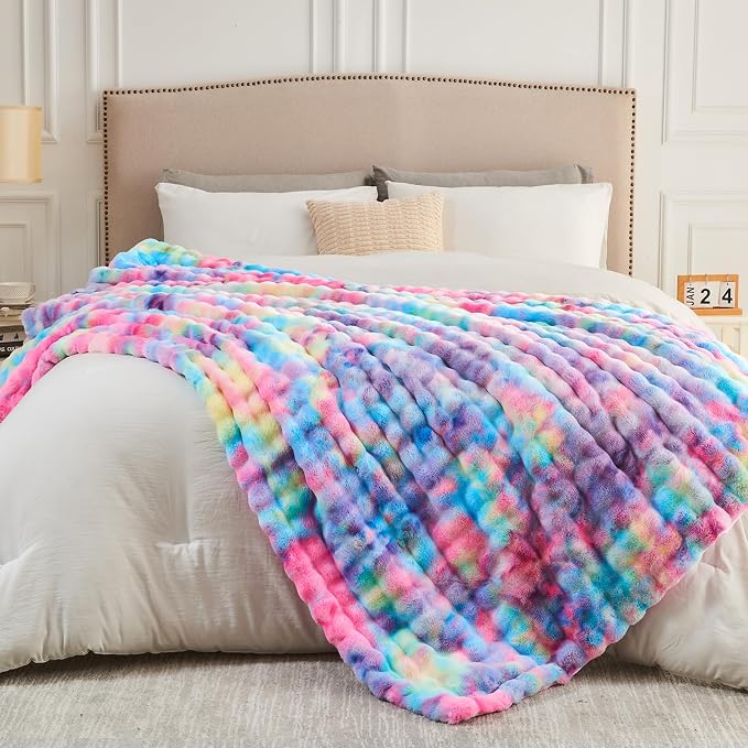 NEWCOSPLAY Faux Fur Bubble Throw Blanket for Couch, Dark Rainbow, 50"x60" | Fluffy Soft Thick Warm Bubble Blanket for Couch Sofa Bed 700GSM, Plush Cozy Luxury Decorative Throw, Gift for Women Men