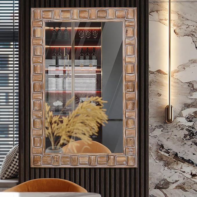 36x24 Inch Rustic Rectangle Wall Mirror | Solid Wood Frame Bathroom Vanity Mirror for Over Sink, Entryway, Living Room & Bedroom