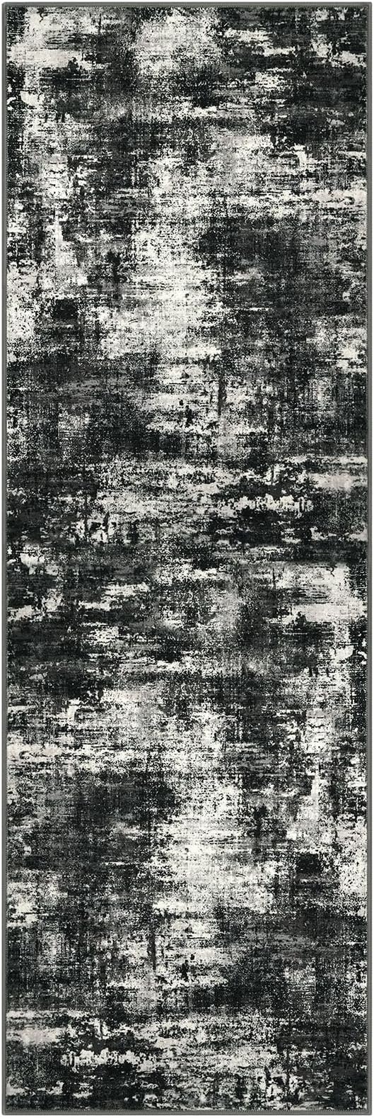 Lansny Abstract Washable 2x6 Hallway Runner Rug Non Slip Kitchen Runner | Charcoal Black;Thin Printed Faux Wool Rug Runners;Entryway Runner Indoor;Rubber Backed 6ft Carpet Runners for Hall Bedroom