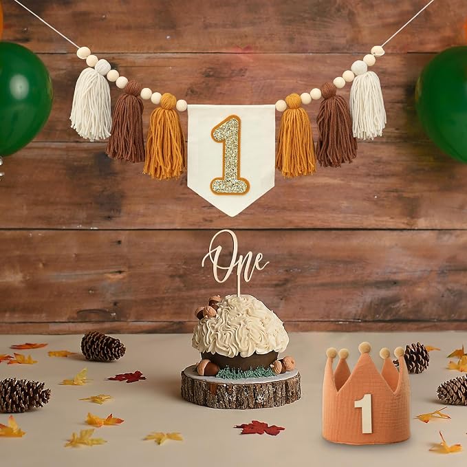 Baby Boy First Birthday Party Decorations Brown High Chair Banner 1st Crown Cake Topper 1st Birthday Decor