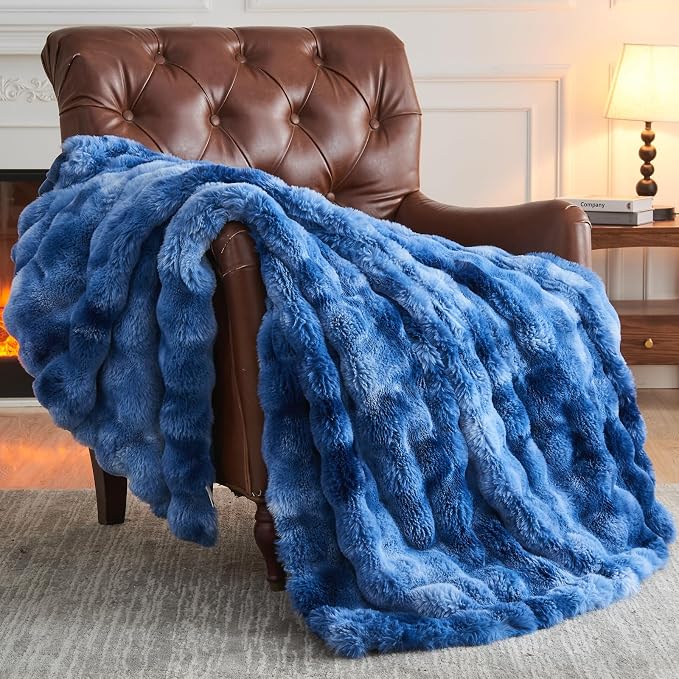 NEWCOSPLAY Faux Fur Bubble Twin Blanket for Couch, Tie-Dye Indigo, 60"x80" | Fluffy Soft Thick Warm Bubble Blanket for Couch Sofa Bed 700GSM, Plush Cozy Luxury Decorative Throw, Gift for Women Men