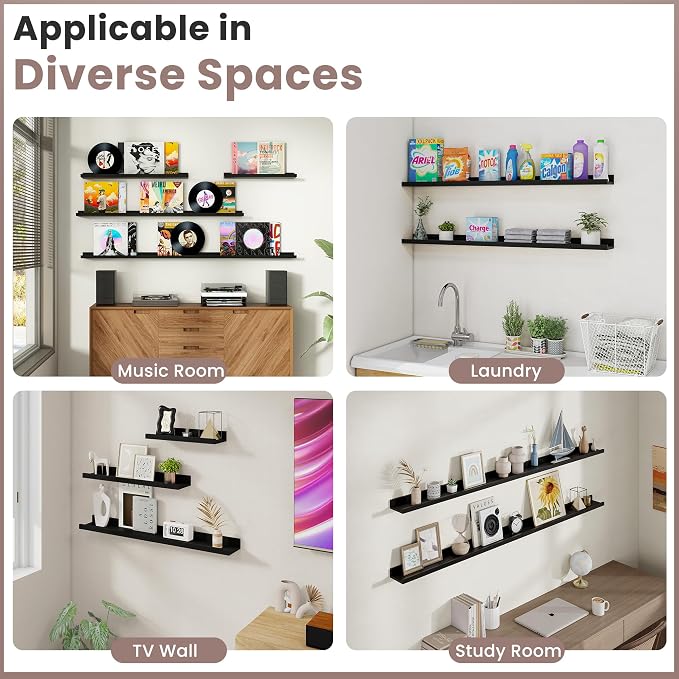 Acovy Floating Shelves for Wall, 36 inch Solid Wood Picture Ledge Shelf, Picture Shelf for Wall with Ledge, Floating Book Shelves for Living Room Bedroom Kitchen Nursery Decor, Black, Set of 2