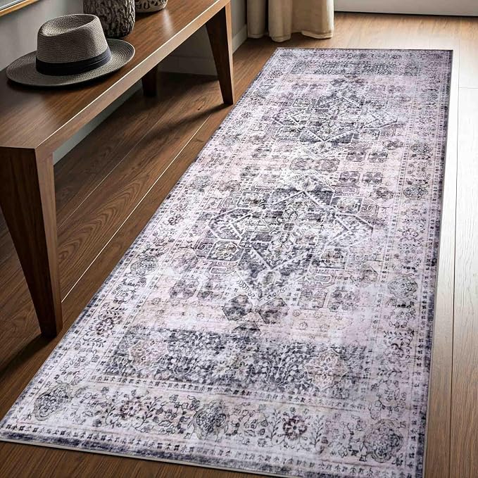 Machine Washable Area Rug, Soft & Durable, Non-Slip, Stain Resistant Rug for Bedroom, Living Room, Dining Room, High Traffic Areas. (Grey/Soft Taupe, 2.5' X 10')