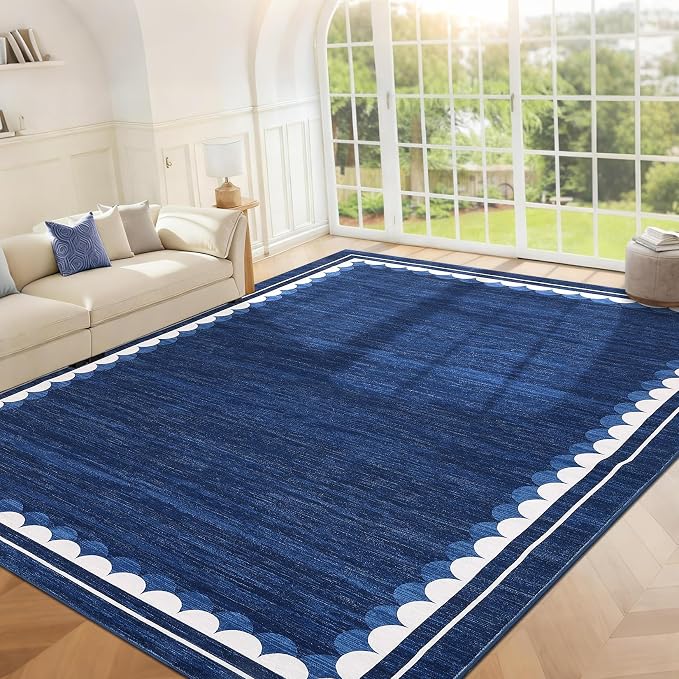 COZYLOOM 5x7 Living Room Rugs Washable Bedroom Rug Non Slip Stain Resistant Modern Bordered Rug Non Shedding Low Pile Carpet Foldable Thin Neutral Mats for Dining Room, Office, Blue