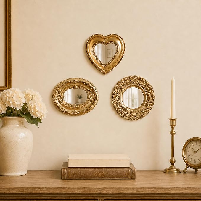 Golden Mini Vintage Mirror with Exquisite Relief Elegant Wall Decor for Bedroom Dresser Table Compact Resin Retro Design (Gold Round, 5X5)