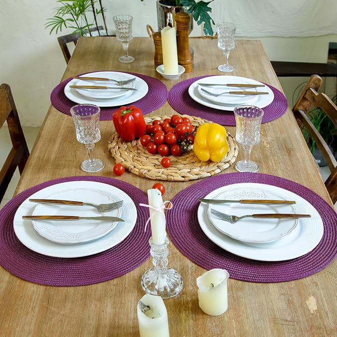FunWheat Round Braided Placemats Set of 8 Table Mats for Dining Tables Woven Washable Non-Slip Place mats 15 inch(Purple,8pcs)