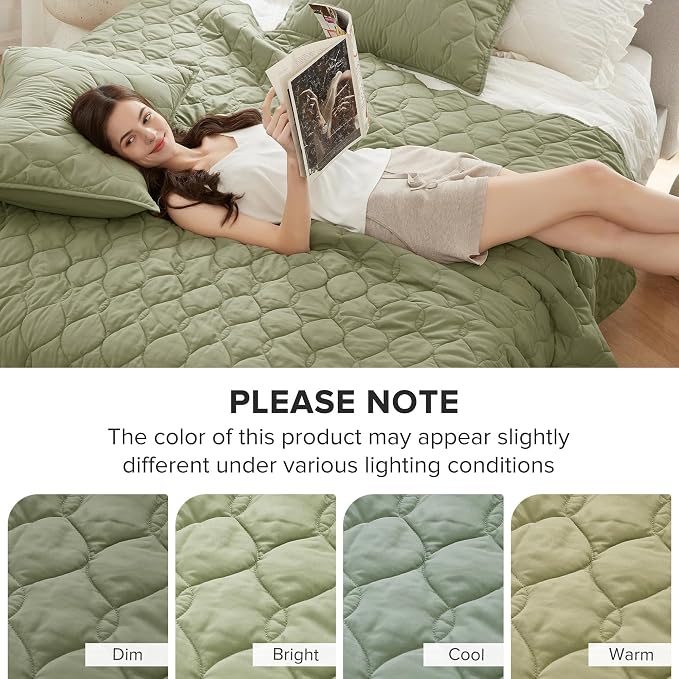 Comfort Spaces Kienna Bed Quilt Set King Size 3P, 104"x90" Olive Green Ogee | Soft Cozy Lightweight Summer Coverlet Cal King, Quilted Bedspreads Extra Layer, Modern Casual Bedroom Decor, OEKO-TEX