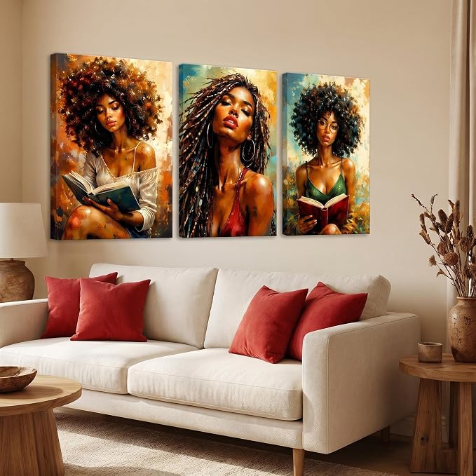 African American Women Canvas Wall Art, Boho Floral Black Girl Painting3Pcs | Modern African wall art: boho black woman reading, framed canvas for living room, office, bedroom, 16x24in