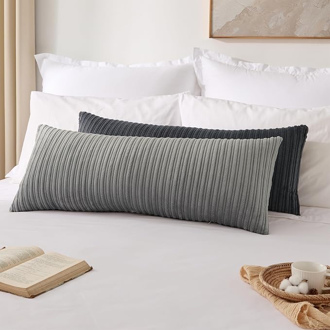 Kevin Textile Striped Corduroy 14”x36” Pillow Cover 1 Pack, Light Grey