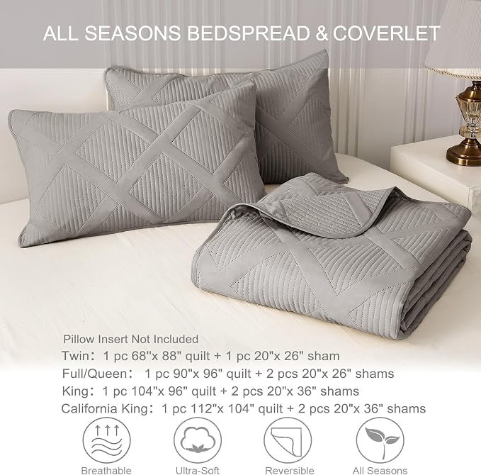 Exclusivo Mezcla Quilts Queen Size, Light Grey | Soft Bedspreads with 2 Pillow Shams, Modern Striped Pattern, Lightweight Bedding Set Coverlets for All Seasons, 90x96 Inch