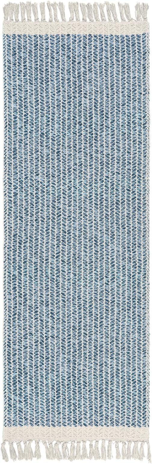 Lahome Boho Bathroom Runner Rug, 2x6 Washable Rugs for Kitchen Hallway | Woven Cotton Laundry Room Throw Carpet with Tassels, Farmhouse Decor Blue Non Shedding Lightweight Mat for Entryway Bath
