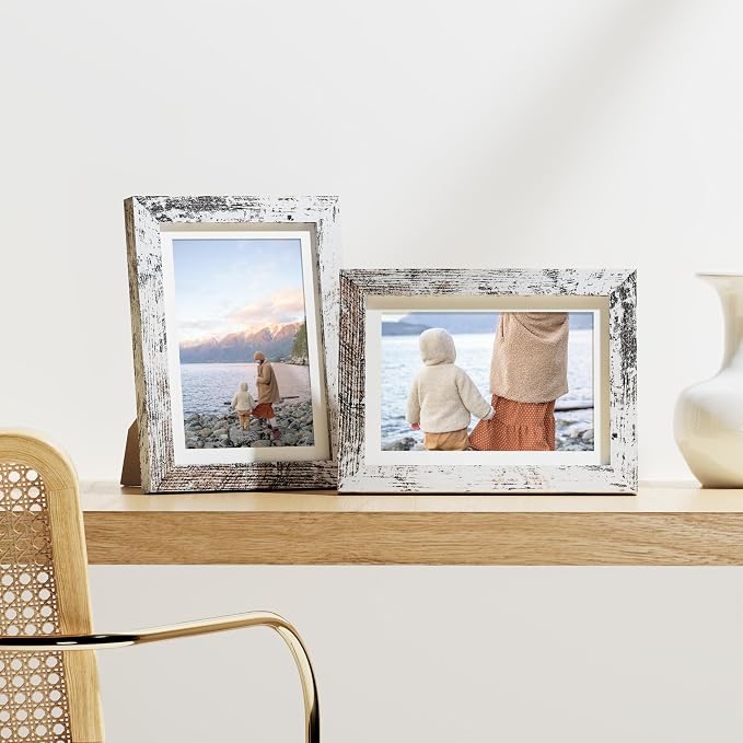 Vittanly 5x7 Picture Frames Set of 9, Wall & Tabletop, Distressed White | Display Pictures 4x6 with Mat or 5x7 without Mat, Small Photo Frames, Engineered Wood with Shatter Resistant Plexiglass