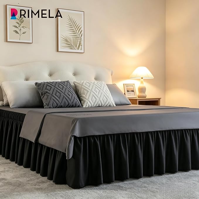 Black Bed Skirt King Size 15 Inch Drop, Elastic Wrap Around Bedskirt | Solid Ruffled, Easy to Use, No Mattress Lifting, Wrinkle & Fade Resistant, with Adhesive Strips, Machine Wash/Dry/Iron