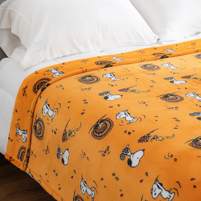 Berkshire Blanket Peanuts® VelvetLoft® Cute Character Snoopy Plush Blanket,Snoopy and Woodstock Fall Birds & Leafs Orange,Twin 60 in x 90 in (Official Peanuts® Product)