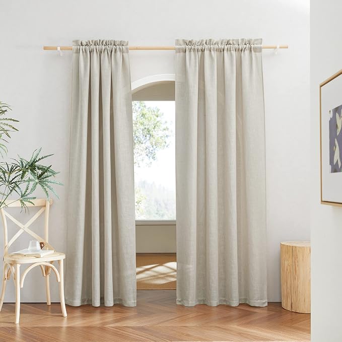 RYB HOME Flax Linen Textured Curtains Semi Sheer Curtains & Drapes Tightly Woven UV Rays Protected Drapery for Room Divider, Party, Lobby Sliding Door, 52 Wide by 120 inch Long, 2 Panels Set, Angora