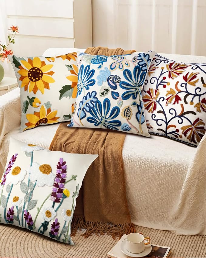 Embroidered Throw Pillow Cover - 18x18 Decorative Pillow Cover with Zipper Aesthetic Cute Design Boho Spring Summer Throw Pillowcase for Living Room Couch Sofa Bed, Abstract