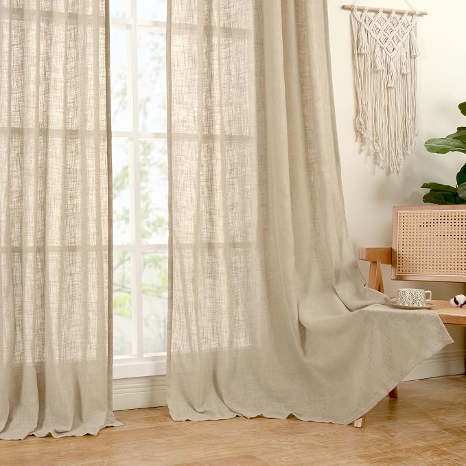 Semi Sheer Linen Curtains 60 Inch Length for Bedroom 2 Panels | Brown, Light Filtering Drapes, Neutral Boho, Curtains for Living Room, Farmhouse, Bronze Grommet, 2 Panels, 52 x 60 Inch