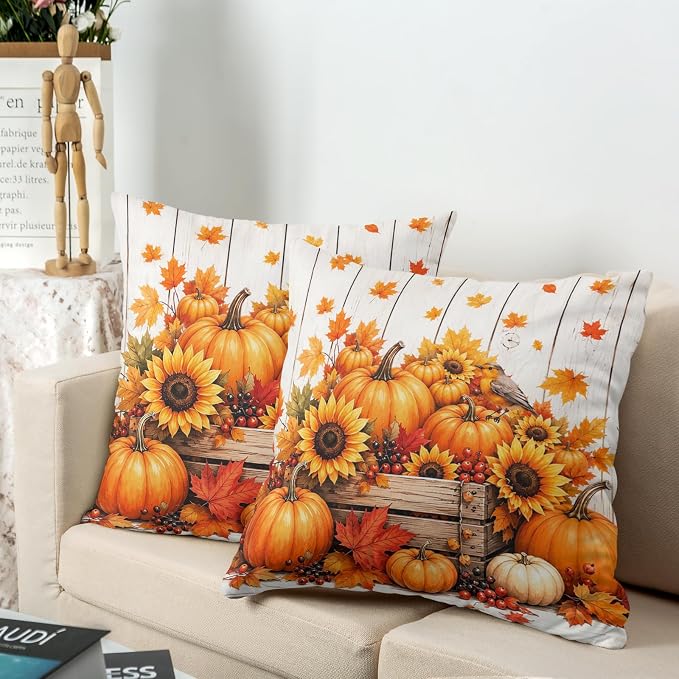 Autumn Pillow Covers Fall Thanksgiving Pillow Cases Maple Leaf Pumpkin Throw Pillow Covers 24x24 Set of 2 Harvest Sunflowers Cushion Cases for Home Farmhouse Garden