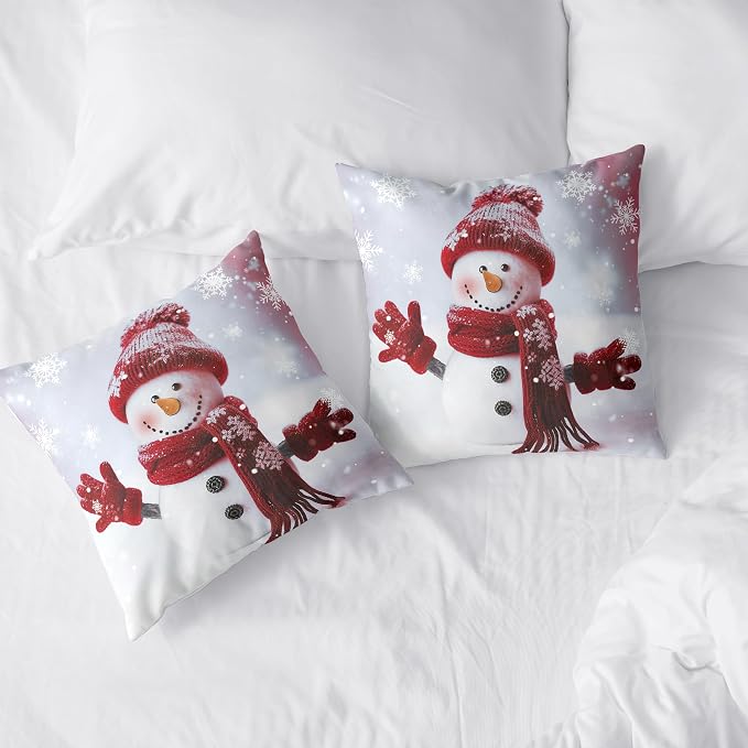 Red Snowman with Snowflake Throw Pillow Covers Snowman Pillow Covers 22x22 Set of 2 Christmas Winter Holiday Cushion Case for Couch Living Room Bedroom Sofa