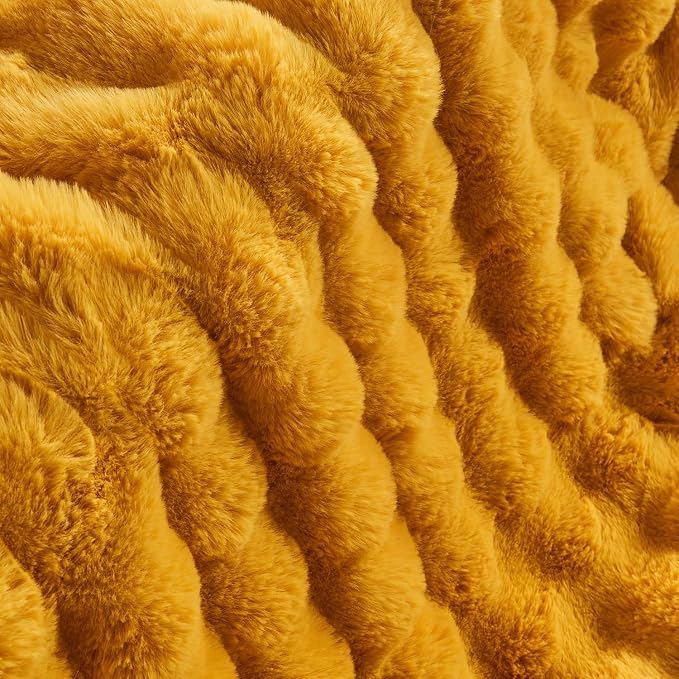 Lotus Karen Faux Fur Throw Blanket Ginger Yellow - Big Bubble Rabbit Fluff Blanket for Couch Bed Sofa,Softest Fluffy Fuzzy Cozy Blanket,Thick Furry Plush Shaggy Warm Blankets for Women,108x90 Inches