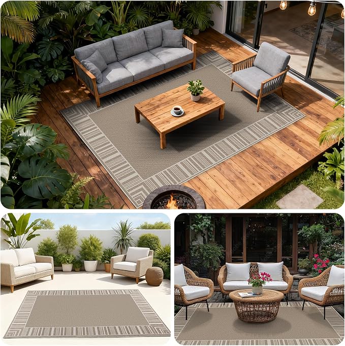 COZYLOOM Easy Jute Area Rugs 9x12 Large Living Room Rug with Rubber Backing, Washable Stain Resistant Bordered Rug Non Shedding Neutral Striped Farmhouse Carpet for Bedroom, Patio, RV, Beige Brown