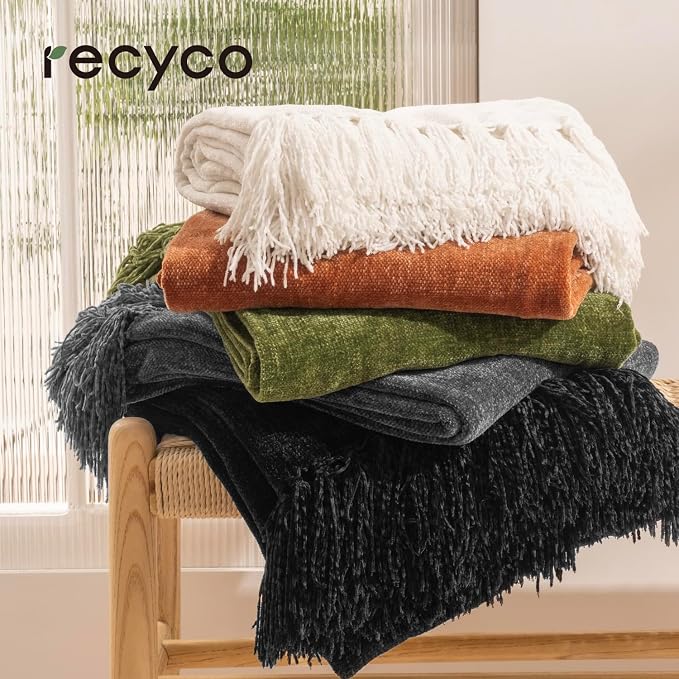 RECYCO Chenille Throw Blanket for Couch, 50"x60", Loden Green | Super Soft Knit Throw Blanket with Fringe Tassels, Lightweight Knitted Throw, Cozy, Ideal for Sofa Chair Bed Living Room Gift