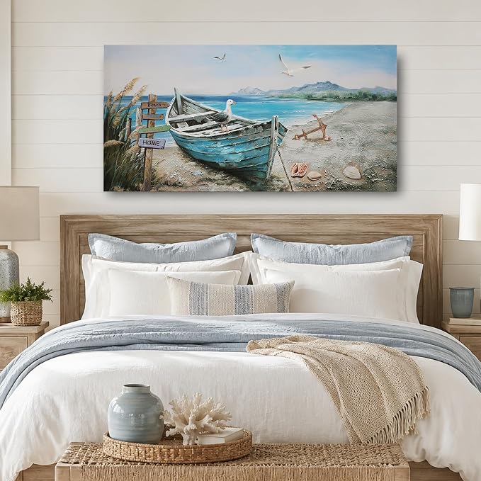 Anolyfi Nautical Wall Art Decor Coastal Artwork for Living Room 40"x20" | HD Print and Hand-painted Textured, Easy to Hang, Durable Colorfast, Blue Boat Beach Paintings for Hallway Home Decor