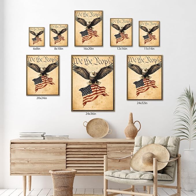 American Flag Framed Canvas Wall Art, 4th of July Patriotic Canvas Prints | USA Flag with Bald Eagle Poster Print, Vintage Independence Day Wall Decor for Bedroom Living Room 16×20in