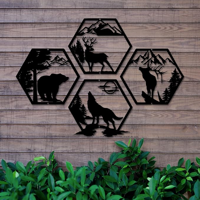 Xedatric Rustic Forest Metal Wall Art 4-Piece Bear Deer Wolf Moose | Black forest theme for cabin decor, rustic wildlife animal silhouette set, indoor wall hanging.