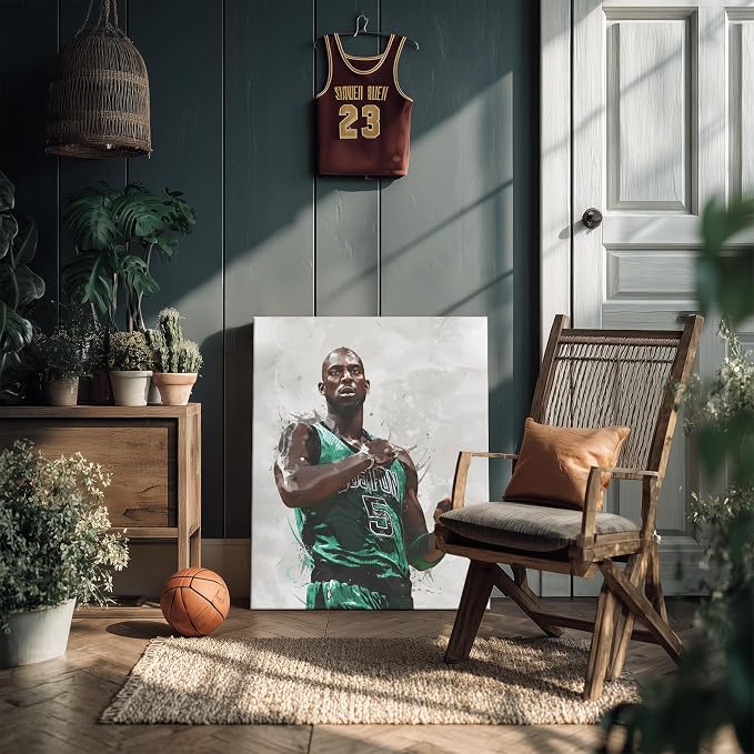 Kevin Garnett Basketball Canvas Wall Art, Sports Player Poster, 24x30 Inch | Abstract splash ink athletic artwork, motivational sports wall decor for teen boys room, bedroom, living room, gym or office