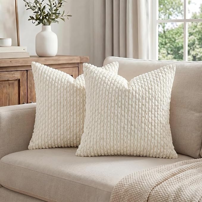 Fancy Homi 2 Packs Cream White Decorative Throw Pillow Covers 16x16 Inch for Couch Bed Sofa, Modern Farmhouse Boho Home Decor, Soft Cute Plush Corduroy Cushion Case 40x40 CM