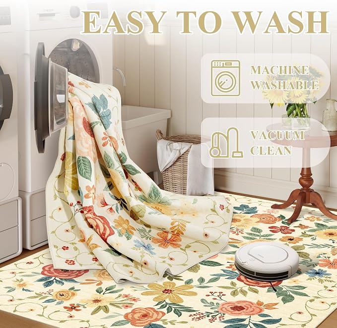 DUKINO 2x10 Runner Rug, Washable Kitchen Runner Rug Non Slip, Beige Yellow | Soft, Low Pile, Floral Indoor Rug Runner for Hallway, Entryway, Bedroom, Bathroom, Pet Friendly, Home Decor, Stain Resistant