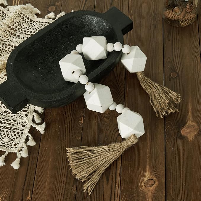 2" Octagonal Extra Large Wood Bead Garland with Tassels, 28" Long Rustic Farmhouse Wooden Beads Garland, Decorative Beads Boho Decorations for Home Table Mantle White
