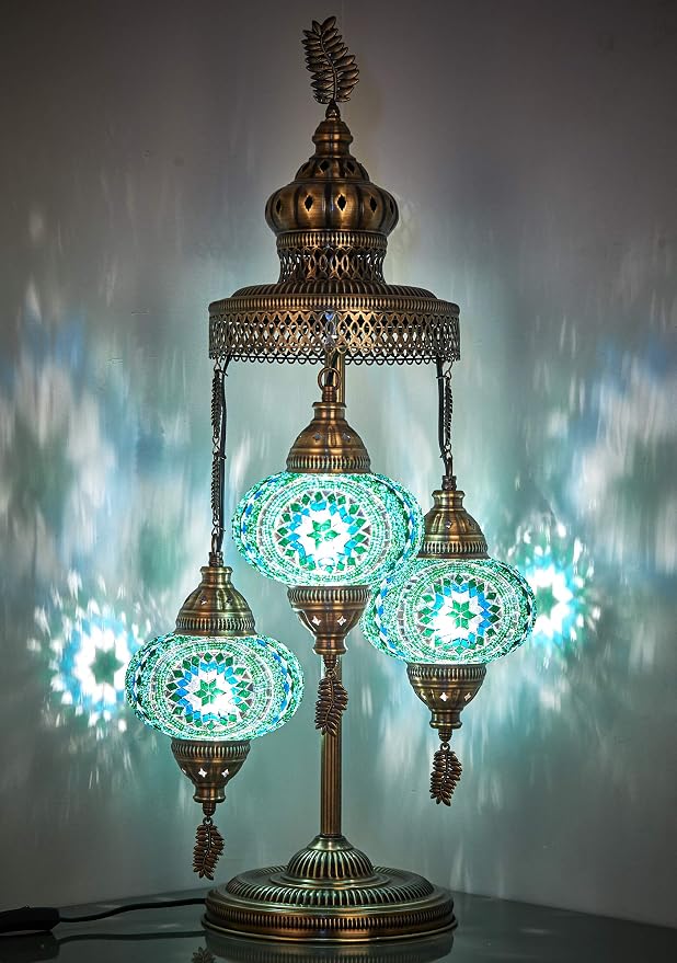 DEMMEX 3 Big Globes XL Magnificent Handmade Turkish Moroccan Mosaic Tiffany Style Table Desk Bedside Lamp Lampshade Exotic Night Accent Light for North American Use, 31" Height (Turquoise-Blue-Green)