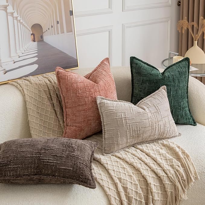 MADIZZ Pack of 2 Chenille Throw Pillow Covers 12x20 Inch Dark Taupe Soft Neutral Decorative Throw Pillows for Couch Sofa Boho Accent Cushion Covers Modern Farmhouse Home Decor for Bedroom Living Room