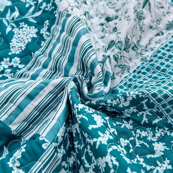 Mybedsoul Boho Quilt King Size, Patchwork Floral Bedding Set, Teal Blue | Soft Lightweight Microfiber Reversible Coverlet Set, 3 Pieces Plaid Bedspread, Bed Sets for All Seasons 90"x110"