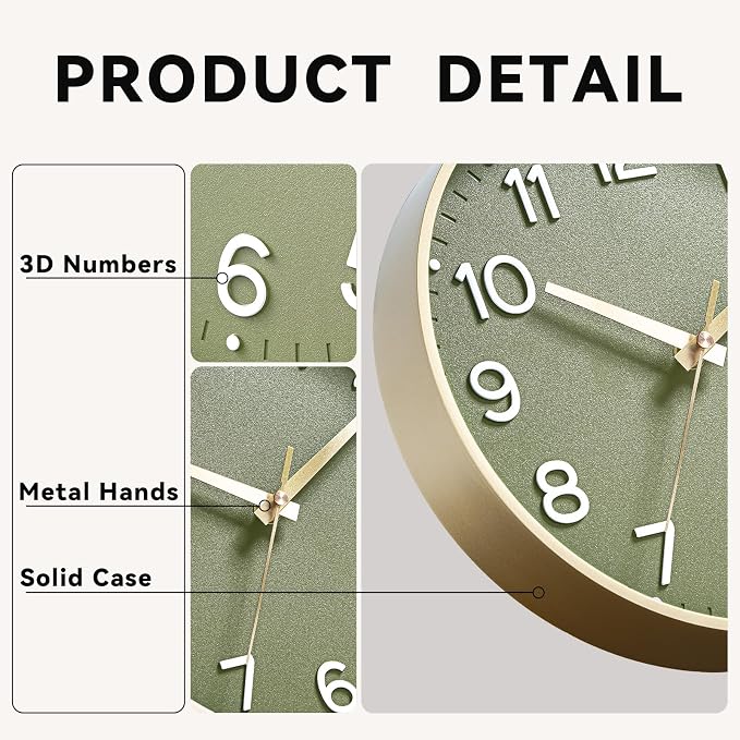 Roymnie 12 Inch Wall Clock Battery Operated Silent Non Ticking Green Analog | Green & gold modern analog; large 3D easy-read dial for kitchen, office, bathroom & bedroom; 1 AA battery (not included)