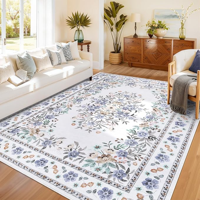 GarveeHome 4x6 Floral Area Rug for Nursery Vintage Botanical Floor Carpets | Machine Washable Flower Bordered Accent Mat Non-Slip Low Pile Floral Rugs for Living Room Bedroom Dining Room Beige